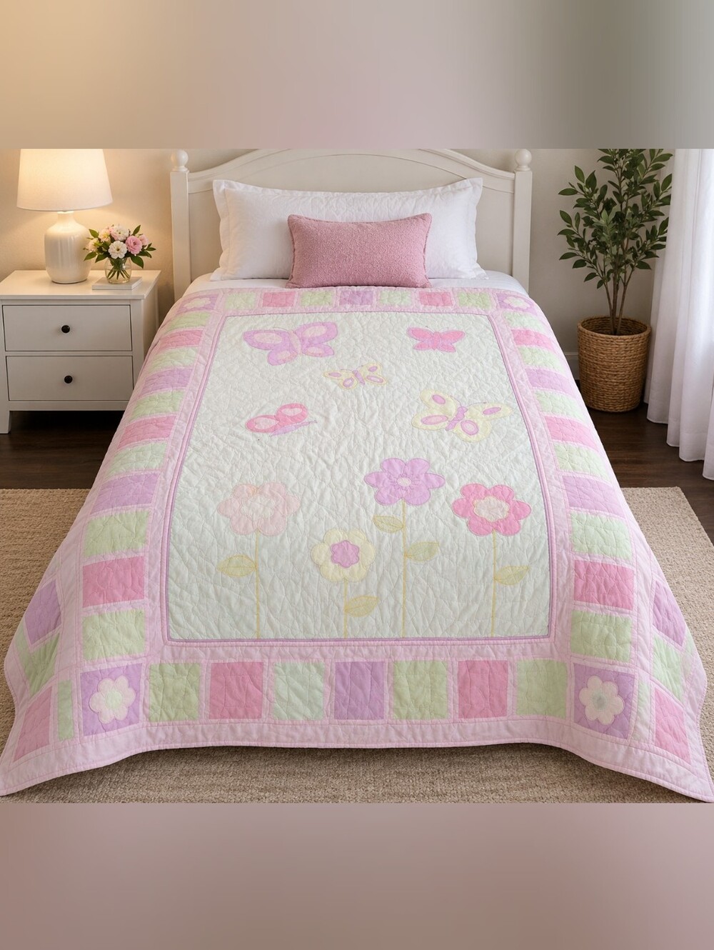 Pastel Butterfly & Floral Quilted Bedspread - Pink Cream